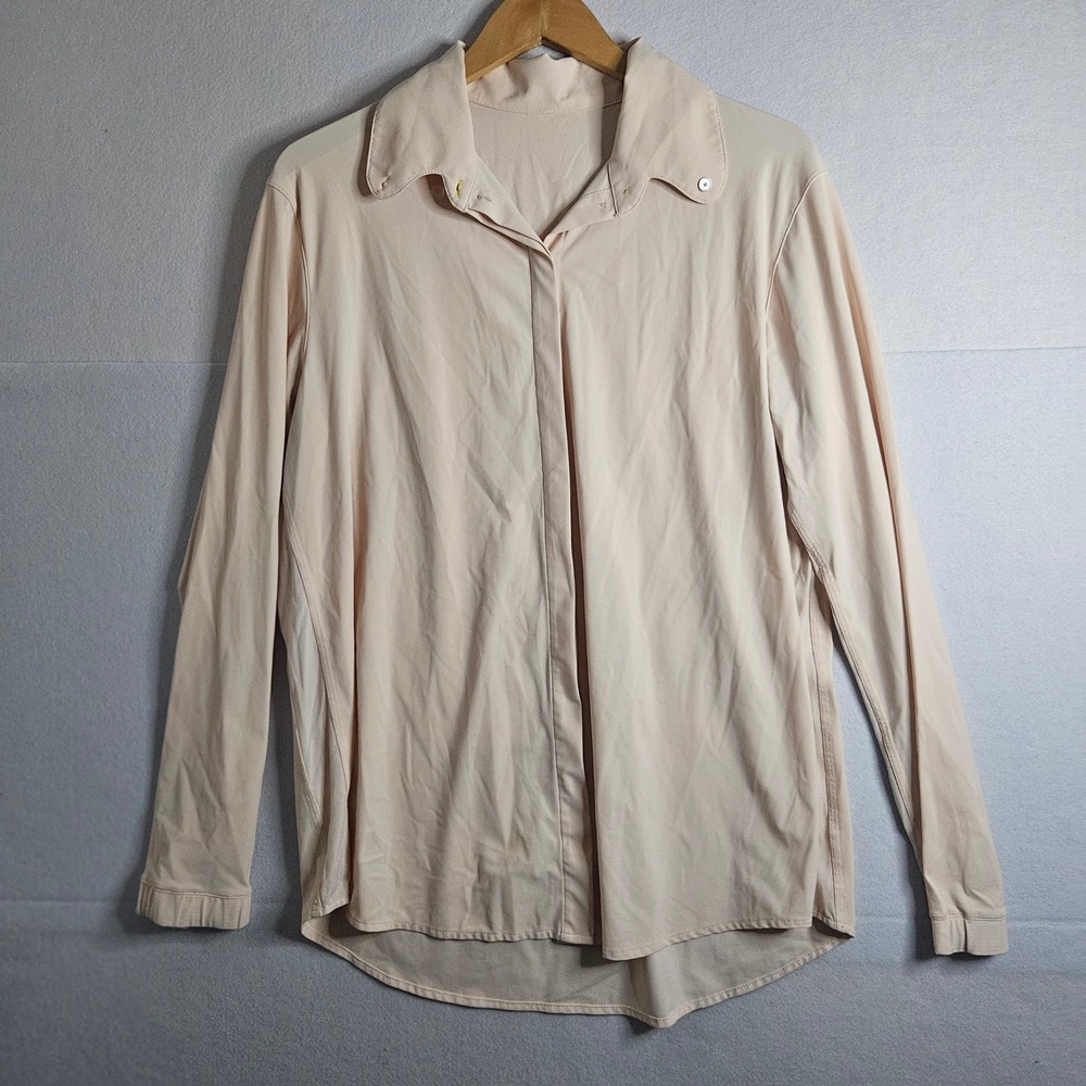 Lululemon Women Beige Pink Long Sleeve Button Up Performance Shirt Mesh Panel XL